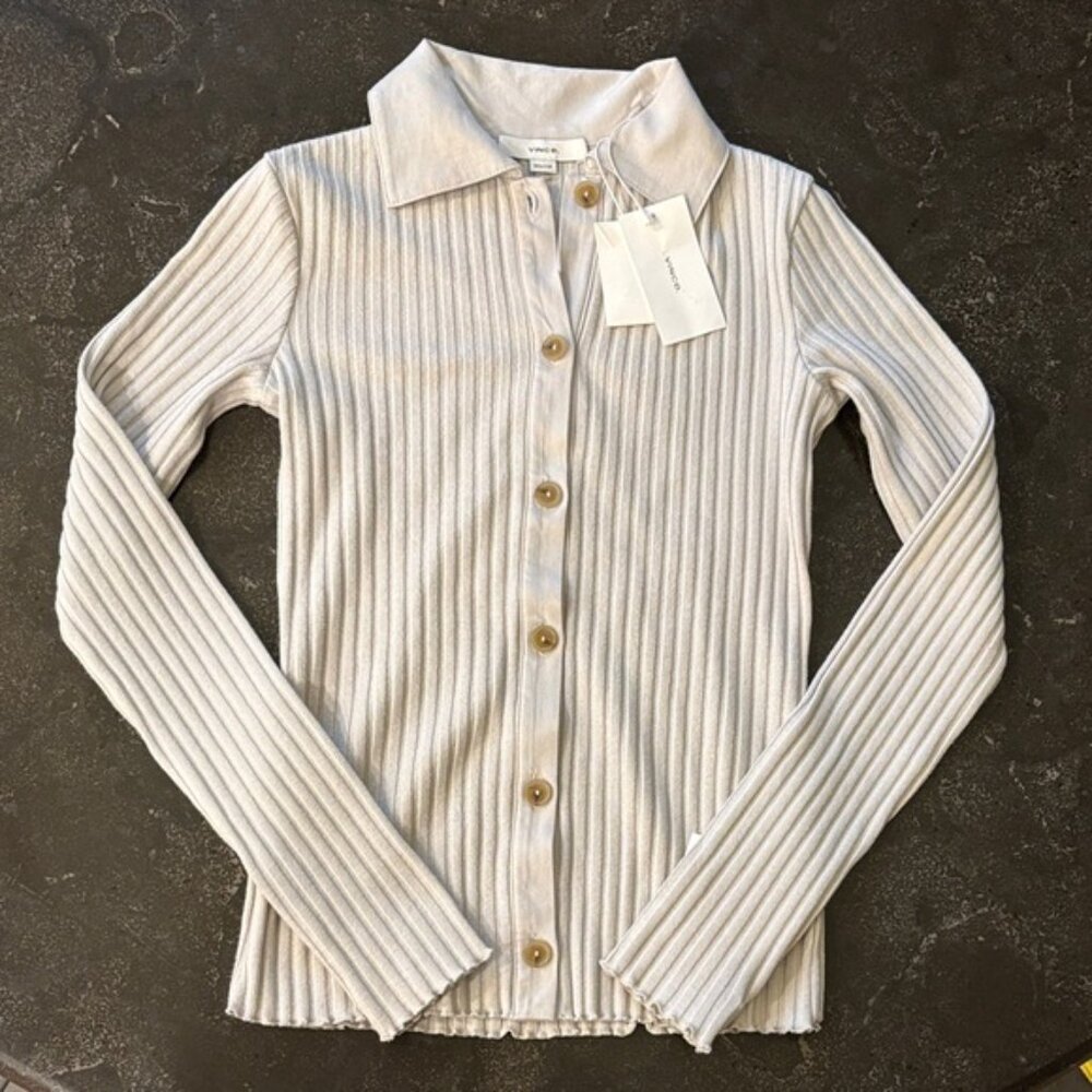 Vince Ribbed Polo-Collar Button-Front Cardigan Top in Salt Glass – Size XXS - Picture 5 of 11